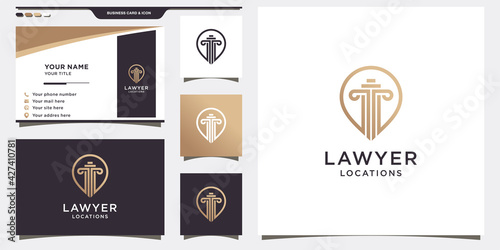 Lawyer logo template with pin concept and business card design. Premium Vector