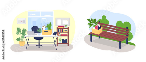 Fired from work 2D vector web banner, poster set. Office desk with box of stationery flat scenery on cartoon background. Unemployment printable patch, colorful web element collection