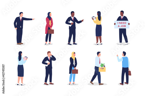 Unemployed flat color vector faceless character set. Boss firing worker. Work resignation. Dismissed employees isolated cartoon illustration for web graphic design and animation collection