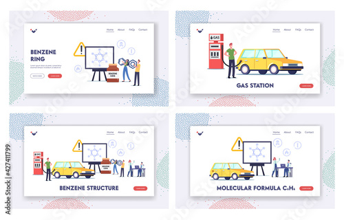 Benzene Structure Landing Page Template Set. Characters on Gas Station Fill Car with Fuel at Screen with Petroleum Ring
