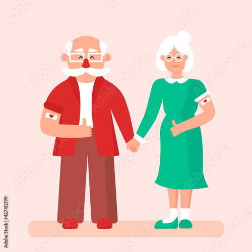 Vaccination of the elderly. Happy grandparents show the vaccination bandage and give a thumbs up after the vaccine injection. Flat vector illustration. Eps 10.
