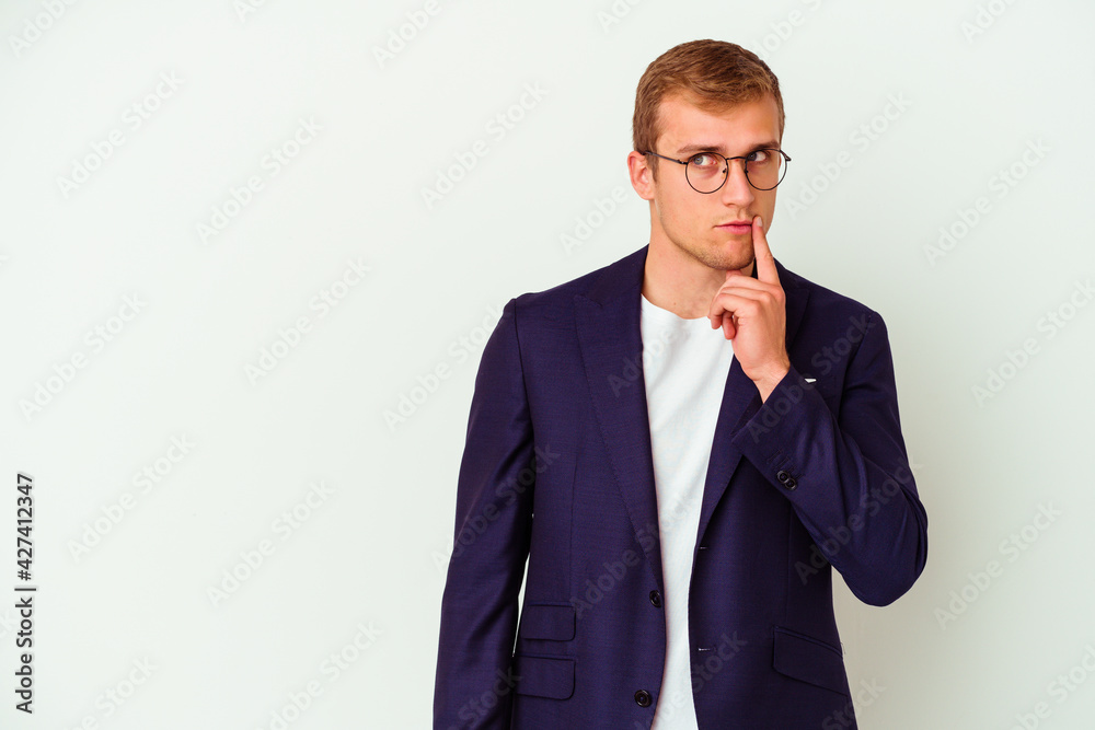 Young business caucasian man isolated on white background