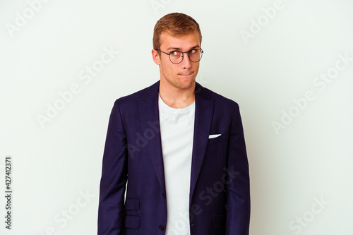 Young business caucasian man isolated on white background
