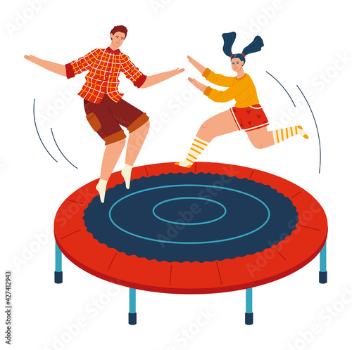 People jumping trampolines set of isolated vector illustration. Trampolining people and rebounders. Entertainment park.