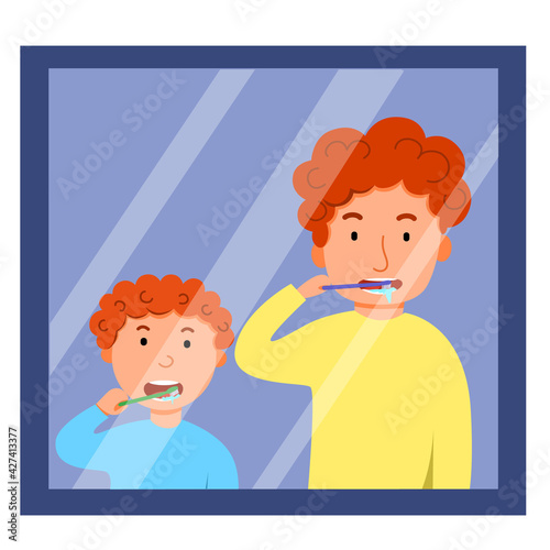 Characters for Fatheres Day. Father and son brush their teeth together in front of the mirror. photo