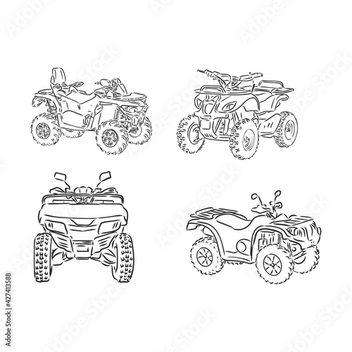 Vector engraved style illustration for posters, decoration and print. Hand drawn sketch of quad bike in black isolated on white background. Detailed vintage etching style drawing.