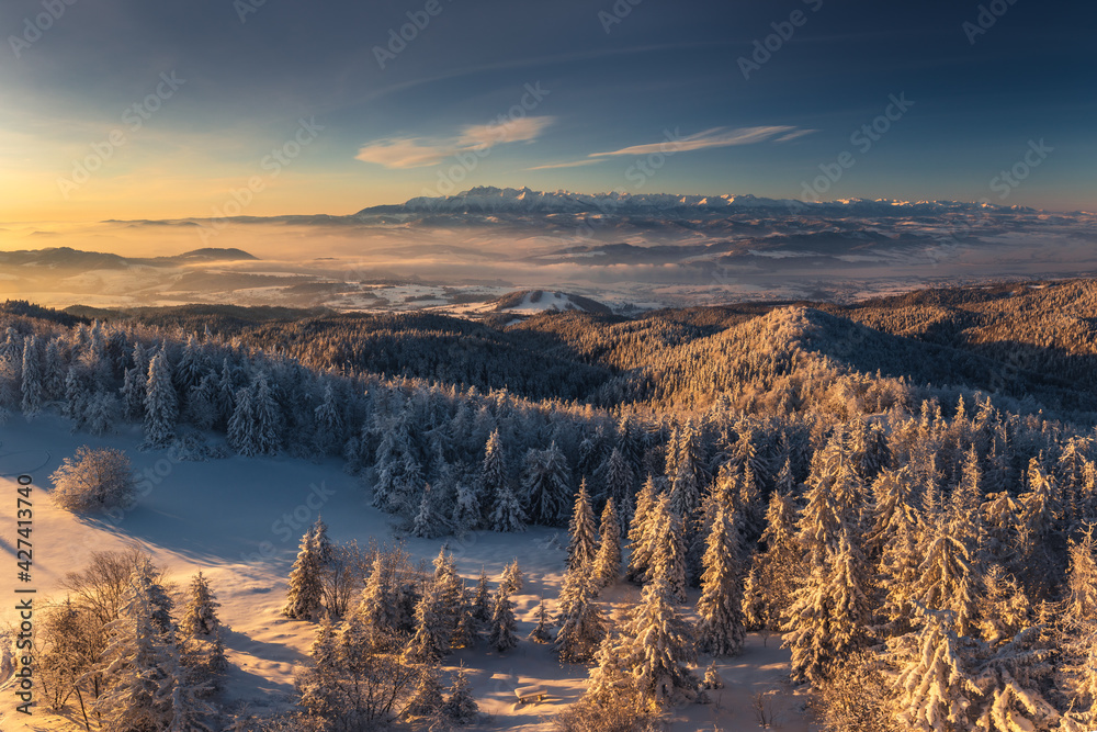 Winter morning in Gorce on the tower on the top of Luban. A beautiful, romantic atmosphere with a view of the Pieniny Mountains, the Beskids and the Tatra Mountains.

