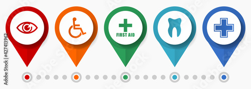 Health, medicine and hospital concept vector icon set, flat design pointers, infographic template