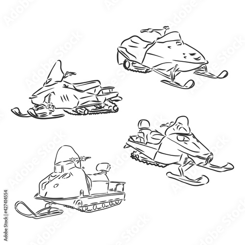 isolated illustration of a rider on a snow scooter , black and white drawing, white background snowmobile vector sketch on white background