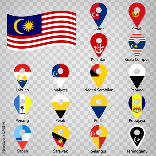 Sixteen flags the States of Malaysia-  alphabetical order with name.  Set of 2d geolocation signs like flags States of Malaysia.  Sixteen  2d geolocation signs for your design. EPS10