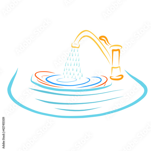 water pours from the kitchen faucet onto the plates in the kitchen sink