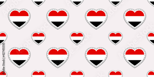 Yemen flag background. Yemeni vector stickers. Love hearts symbols seamless pattern. Good choice for sports pages  travel  school elements. patriotic wallpaper.