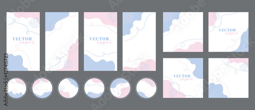 Social media stories, posts, highlights templates for instagram. Abstract blue pink organic shapes backgrounds with copy space for text