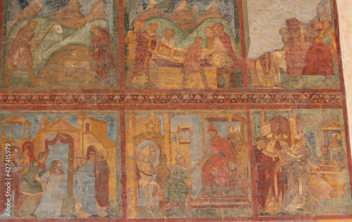 The original frescoes of St. Lawrence and St. Stephen at San Lorenzo outside the walls(RM) , Italy , depict scenes from the lives both being martyred,young deacons. © Raksanstudio