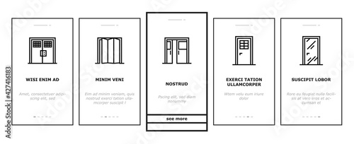 Interior Doors Types Onboarding Mobile App Page Screen Vector. Swing, Sliding And Folding Doors, Veneer And Medium Density Fibreboard, Wooden And Metal Material Illustrations