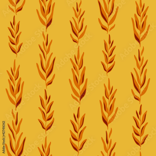 Decorative orange seamless pattern with stylized  twigs with leaves. Hand drawn vector autumnal print with wheat spikelets for wrapping, cosmetics, goods, textiles, fabrics, packaging, backgrounds.