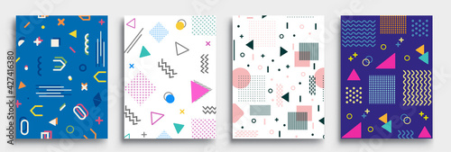 Memphis Style Poster Set. Halftone and geometric shapes patterns. Flat style Abstract Vector Design ideal for Banner, Web, Promotion, Placard and Billboard