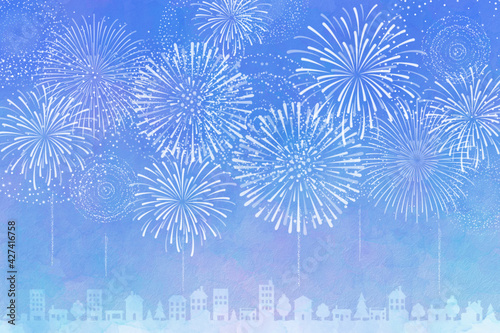 花火の上がる街　水彩風