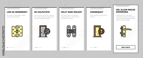 Interior Doors Types Onboarding Mobile App Page Screen Vector. Swing, Sliding And Folding Doors, Veneer And Medium Density Fibreboard, Wooden And Metal Material Illustrations