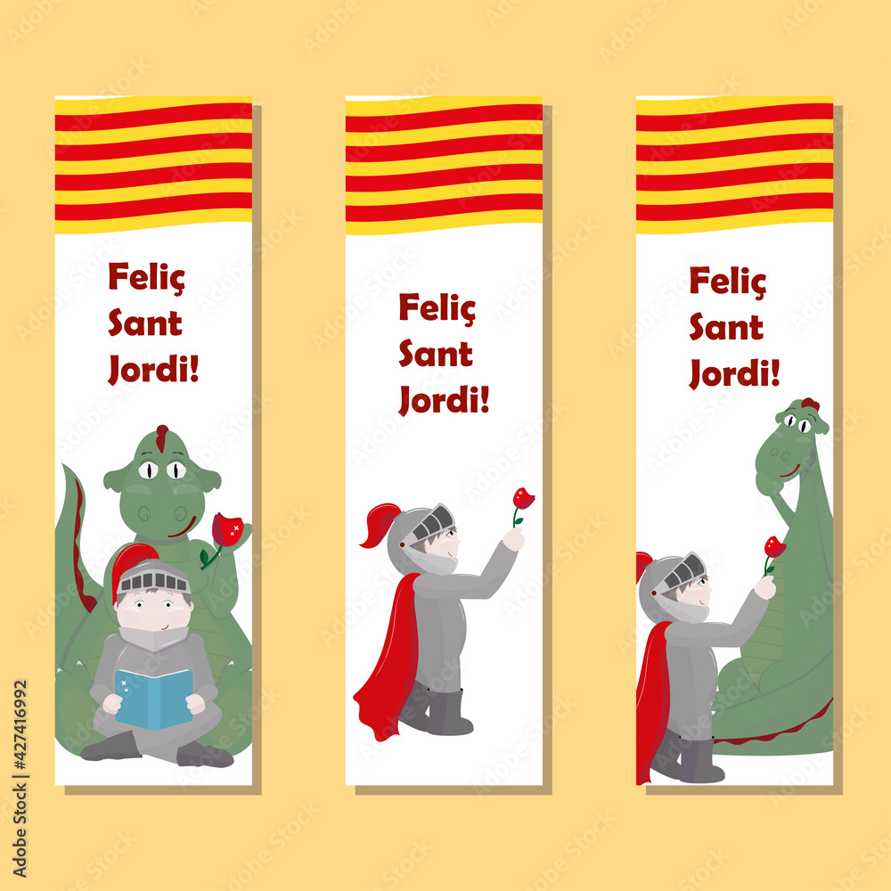 Fototapeta premium Set of bookmarks with knight and dragon. Feliç Sant Jordi (Happy Saint George’s Day in catalan language - the patron saint of Catalonia). Vector illustration