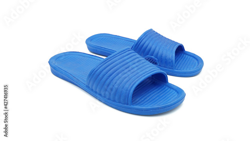 A pair of blue rubber slippers, Sandals on white isolated background