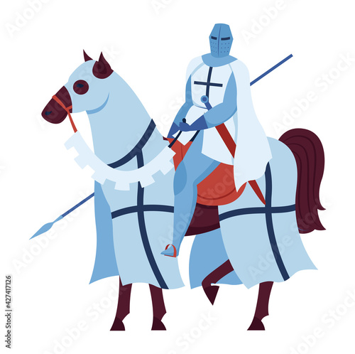 Knight rider, medieval warrior battle, soldier armor, riding horse, isolated on white, design, flat style vector illustration.