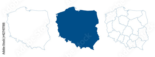 Poland map vector. High detailed vector outline, blue silhouette and administrative divisions map of Poland. All isolated on white background. Template for website, design, cover, infographics