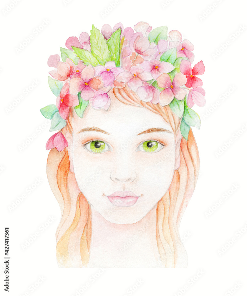 Cute romantic girl with leaves crown and hydrangea flower. Spring portrait of young redhead woman. watercolor painting