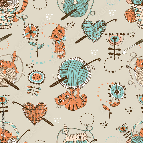 Crocheting. Seamless pattern with cute cats with balls of wool and knitting accessories. Vector