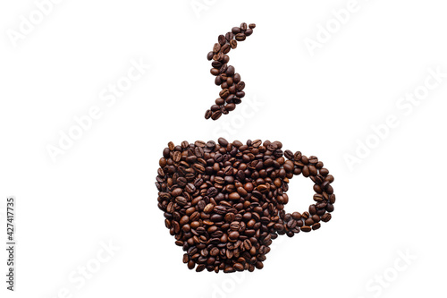 Coffee cup made of dark roasted coffee beans isolated on white background, landscape orientation