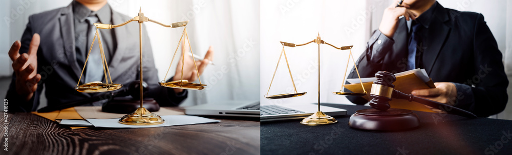 Business and lawyers discussing contract papers with brass scale on desk in office. Law, legal services, advice, justice and law concept picture with film grain effect Business and lawyers discussing contract papers with brass scale on desk in office. Law, legal services, advice, justice and law concept picture with film grain effect