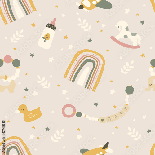 Boho newborn baby seamless pattern. Icons of baby items.