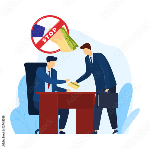 Stop corruption, cash bribe, man paying currency, giving bribery, corrupt payment, design, flat style vector illustration.