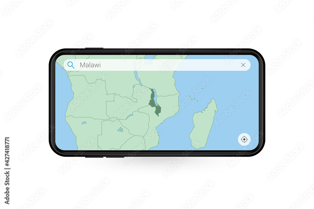 Searching map of Malawi in Smartphone map application. Map of Malawi in Cell Phone. Searching map of Malawi in Smartphone map application. Map of Malawi in Cell Phone.