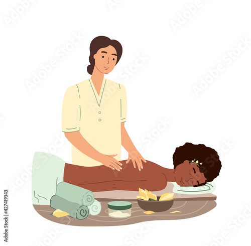 Massage therapist and relaxed Afro woman resting on massage therapy in Spa Wellness center.Body,skin care treatment for health and wellbeing in beauty salon. Flat vector illustration isolated on white