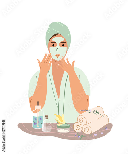 Woman with towel on head Apply Cleansing Clay Facial Mask with a patting motion. Spa treatment Concept. Skin care treatment for health and wellbeing. Vector illustration isolated on white background