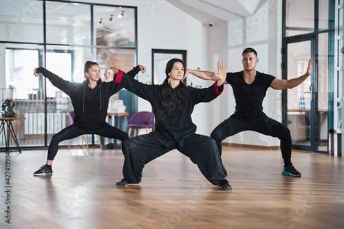 Tai chi students with teacher training single whip form photo
