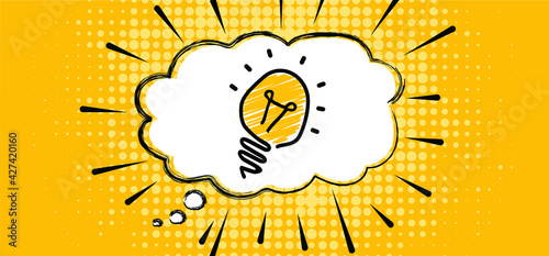 Speech bubble cloud. Comic brain electric lamp idea doodle FAQ, business loading concept Fun vector light bulb icon Ideas sign Brilliant lightbulb education  or invention pictogram banner Think quote