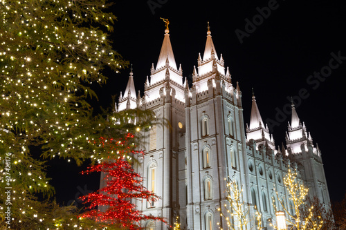 Mormon Temple illuminated at night, Salt Lake City, Utah, USA photo