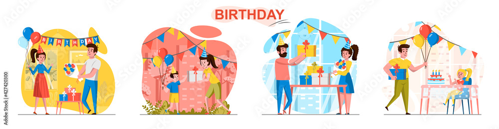 Birthday concept scenes set. Friends have fun at party, parents congratulate children and give them gifts at festive. Collection of people activities. Vector illustration of characters in flat design Birthday concept scenes set. Friends have fun at party, parents congratulate children and give them gifts at festive. Collection of people activities. Vector illustration of characters in flat design
