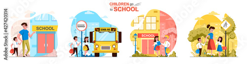 Children go to school concept scenes set. Parents take their children to school, students with bags rush to lessons. Collection of people activities. Vector illustration of characters in flat design