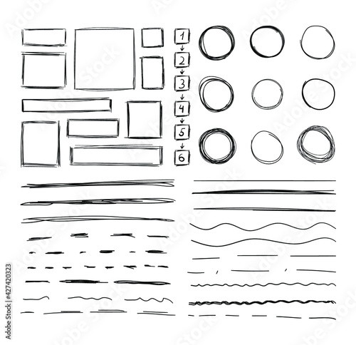 Vector Set of Hand Drawn Square and Circle Frames and Underline Strokes, Scribble Drawings Isolated on White Background.
