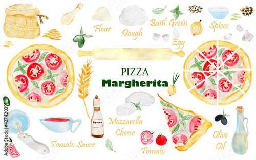Margherita Pizza. Ingredients. Watercolor hand drawn illustration, isolated on white background