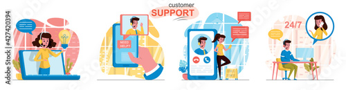 Customer support concept scenes set. Hotline operators advising clients, online help center, feedback messages. Collection of people activities. Vector illustration of characters in flat design