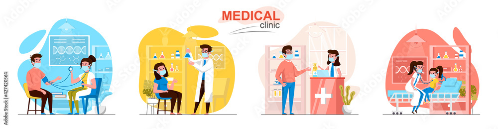 Medical clinic concept scenes set. Patient visit doctor, diagnostics, laboratory, pharmacy, pediatrician treats kid. Collection of people activities. Vector illustration of characters in flat design