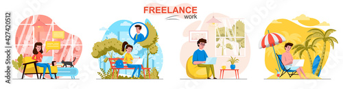 Freelance work concept scenes set. Freelancers work on laptops in office, at home, outdoors, on vacation sea resort. Collection of people activities. Vector illustration of characters in flat design