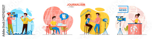 Journalism concept scenes set. Reporter recording reportage, journalist writing article, news anchor, interview. Collection of people activities. Vector illustration of characters in flat design