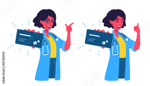 A doctor showing a pills box, advising. A woman medic advertises, recommends a drug. A girl presents a medication. A vector cartoon illustration.