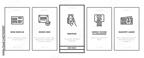 Qr Code Identification Onboarding Mobile App Page Screen Vector. Qr Code Ticket And Bag, On Computer Screen And Web Site, Label And Scanning Pistol Illustrations