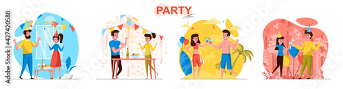 Party concept scenes set. Men and women dance, celebrate birthday, have fun on vacation on holiday, festive event. Collection of people activities. Vector illustration of characters in flat design © alexdndz
